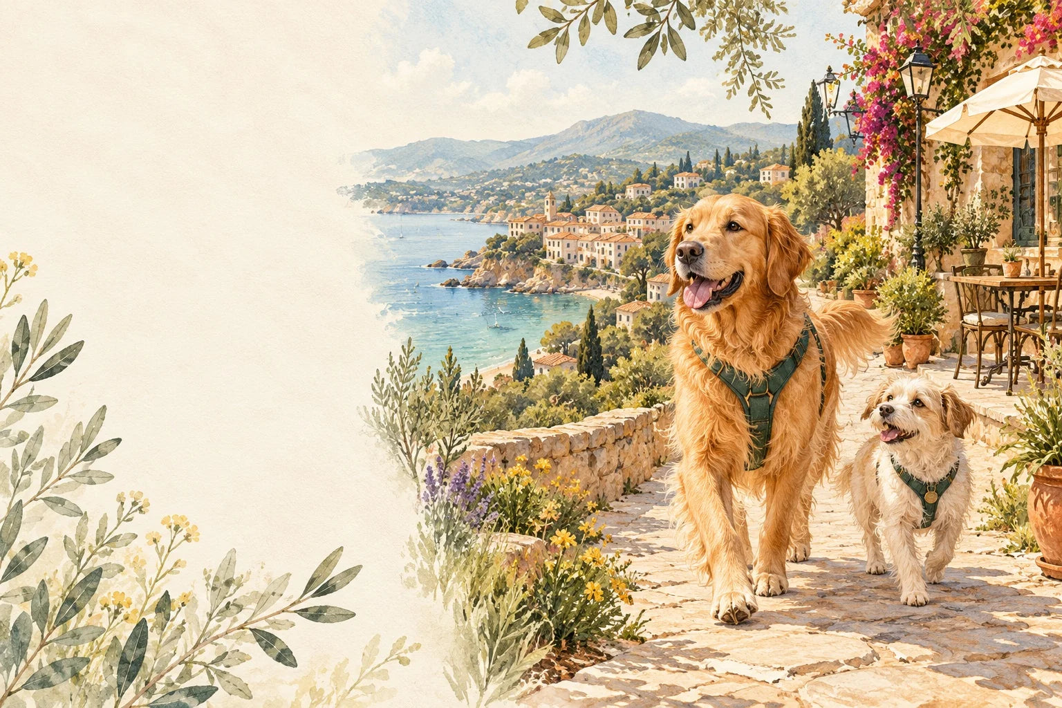 Dos perros pasean por un pueblo junto al mar, ilustración de Planes con perro