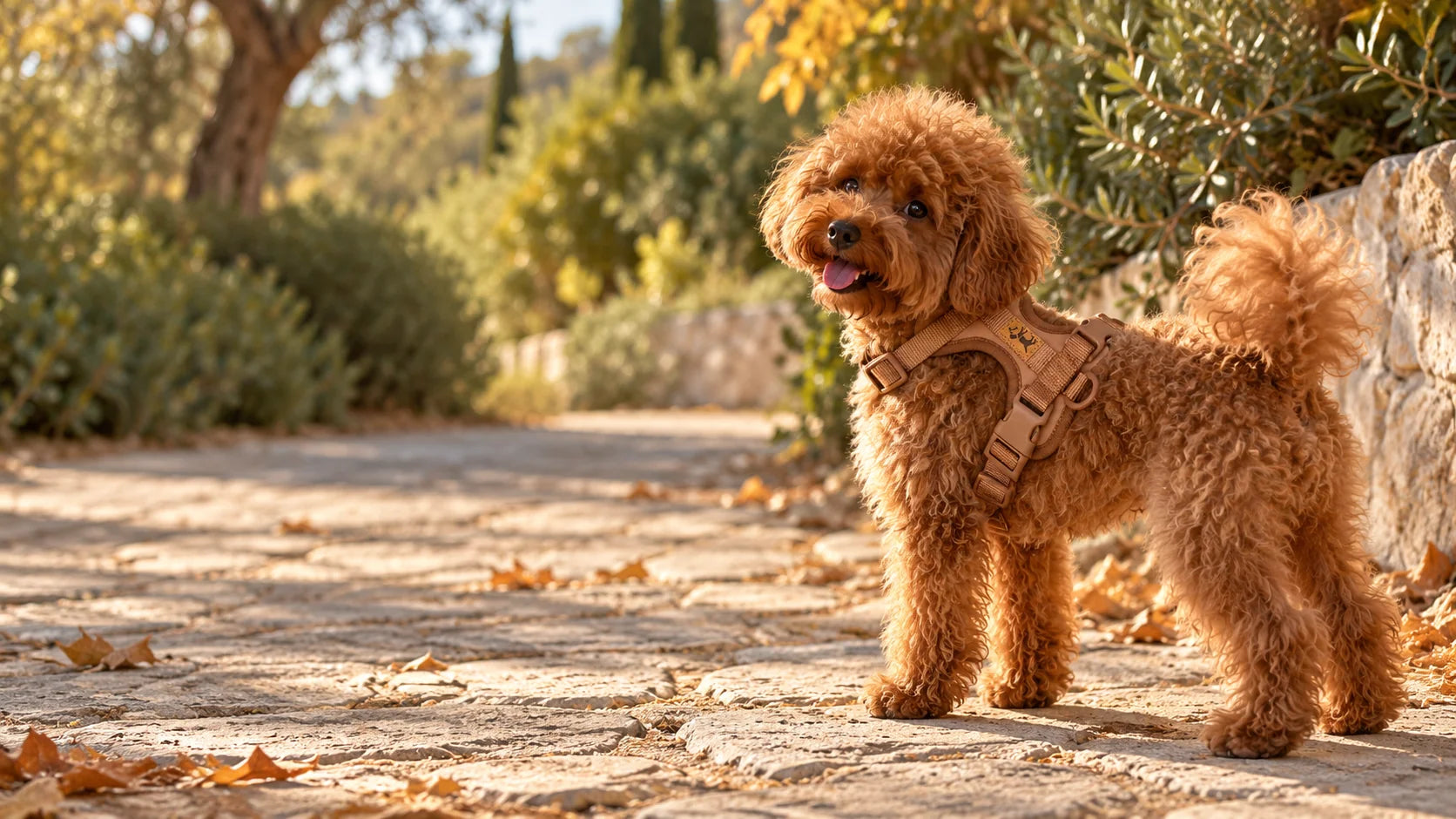 Perro con arnés Adventure Desert en un paseo de otoño
