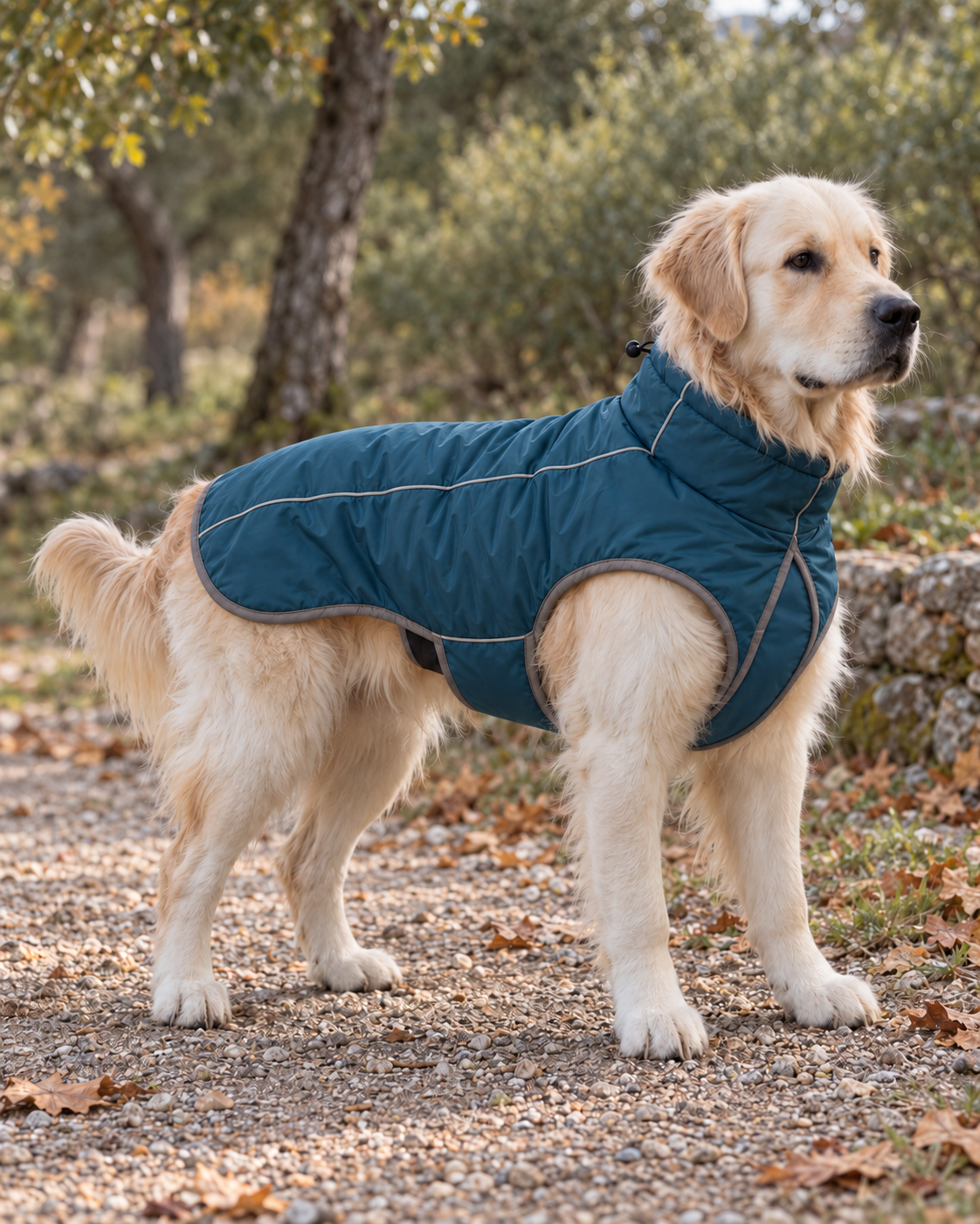 Golden retriever de perfil con abrigo azul y pecho cubierto en un paseo de otoño