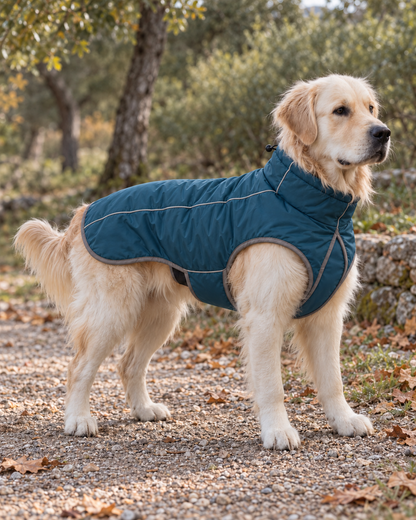 Golden retriever de perfil con abrigo azul y pecho cubierto en un paseo de otoño