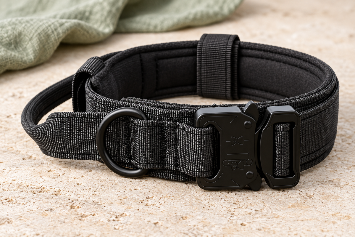 Detalle del cierre, acolchado y asa del collar Tactical Pro negro