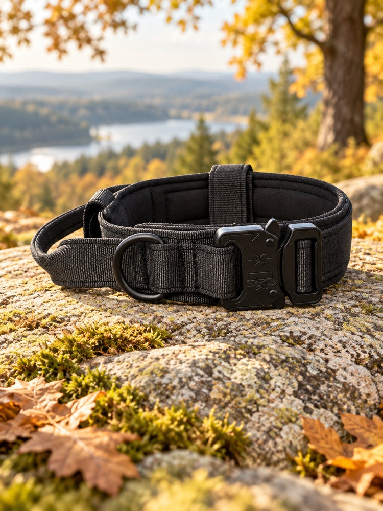 Collar Tactical Pro negro sobre una roca en un paisaje de otoño